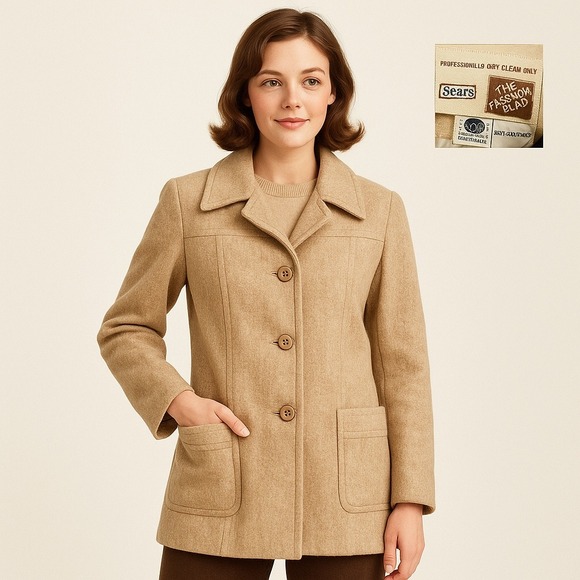 Sears Jackets & Blazers - VTG Sears The Fashion Place Women's M Tan Tweed Wool Blend Button Front Coat 70s